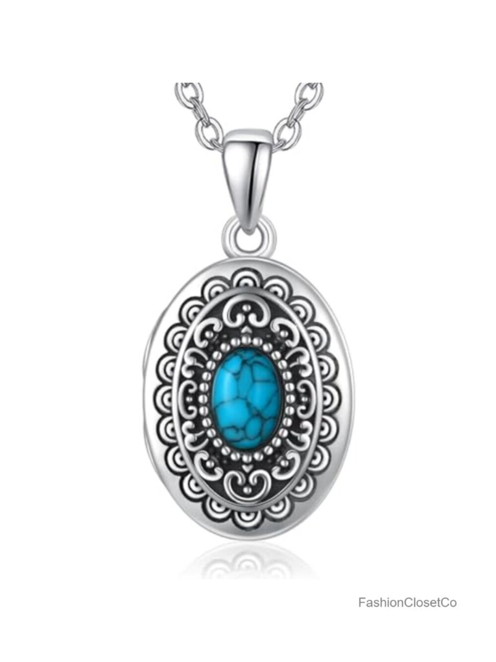 Sterling Silver Turquoise Locket Necklace Women Vintage Photo Pendant Engravable